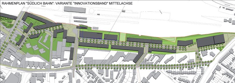 In der Variante C2 verläuft die Erschließungsachse zentral. Hierdurch kann sie auch ohne Einbezug von Teilen der Grundstücke an der Arnoldsweilerstraße zweiseitig angebaut werden.
