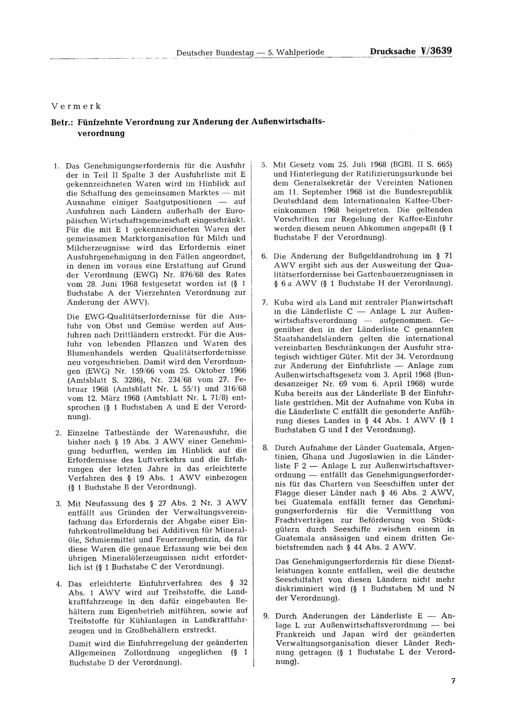 Deutscher Bundestag 5. Wahlperiode Drucksache V/3639 Vermerk Betr.: Fünfzehnte Verordnung zur Änderung der Außenwirtschaftsverordnung 1.