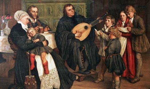 Gemeingut Gemälde von Gustav Adolph Spangenberg, Luther im Kreise seiner Familie ersten Begegnung und endet mit einer Episode aus dem Erziehungsalltag mit ihren gemeinsamen Kindern.