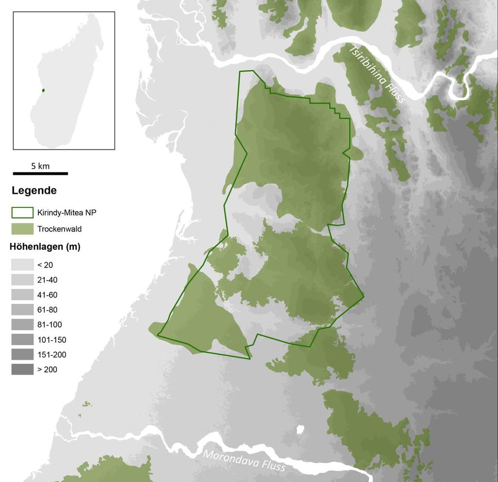 EINLEITUNG VERBREITUNG Abb. 1 Verbreitungsgebiet von Pyxis planicauda im Menabe Gebiet an der Westküste Madagaskars. Höhenlagen von JARVIS et al. 2008, Schutzgebiete von IUCN UNEP-WCMC (2016).