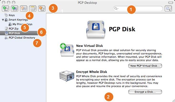 Hauptbildschirm von PGP Whole Disk Encryption Der Hauptbildschirm von PGP Whole Disk Encryption ist Ihre wichtigste Schnittstelle zum Produkt. 6 Symbol für PGP Disk.