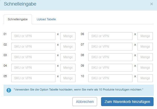 Im Reiter Schnelleingabe können Sie mit der Eingabe der SKU oder VPN und der