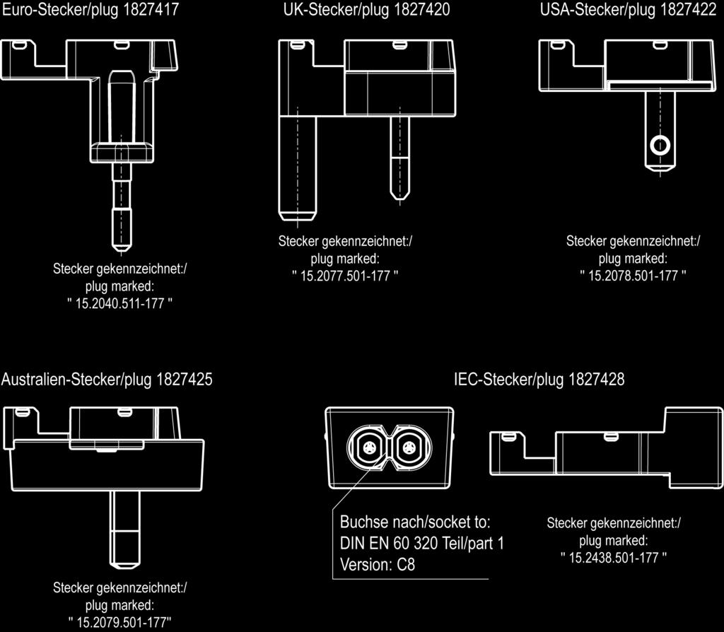 3.2 Lieferbare AC Stecker (max. Strombelastbarkeit der Stecker 2,5A) Available AC plugs (max.