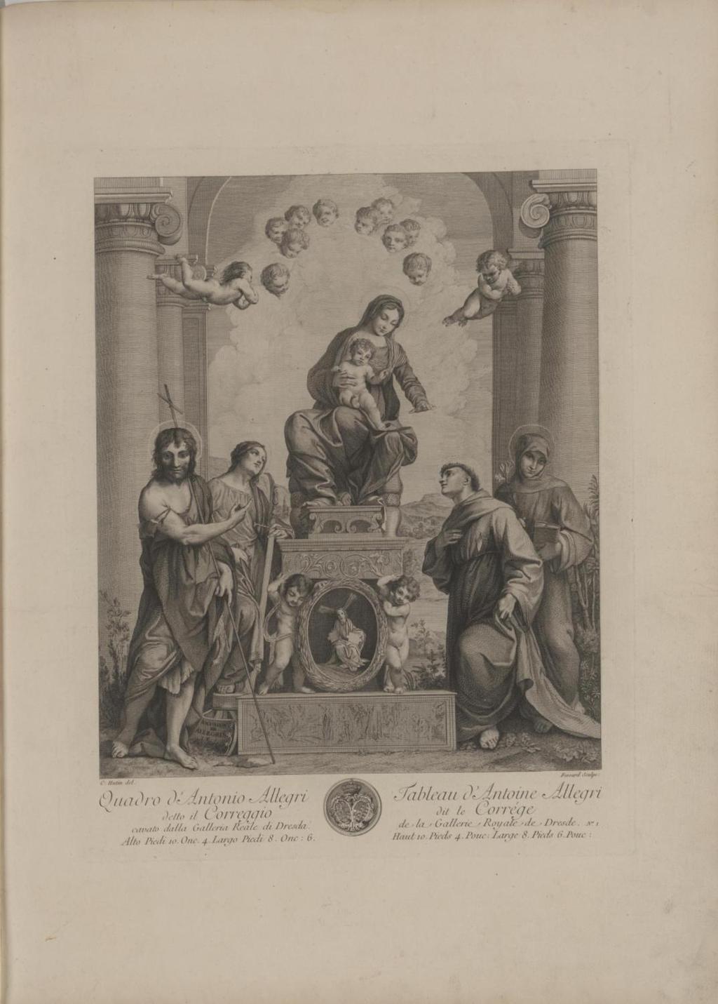 CHARLES FRANÇOIS HUTIN & ÉTIENNE FESSARD NACH CORREGGIO: Thronende Madonna, Kupferstich, 1753, in: CARL HEINRICH VON