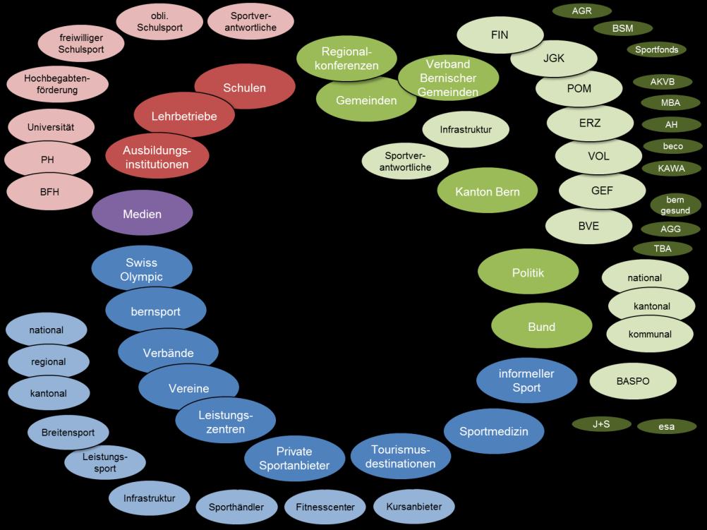 3.3 Termine, Vorgehensplan, Organisation, Zuständigkeiten 3.3.1 Organisation des Projekts Der Sport ist ein Bereich mit sehr vielfältigen Stakeholdern (Anspruchsgruppen), wie die nachstehende Darstellung zeigt.