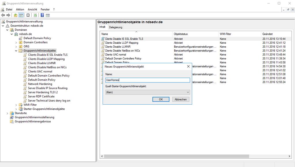 Erstellen als nächstes ein neues Gruppenrichtlinienobjekt namens UserHomes.