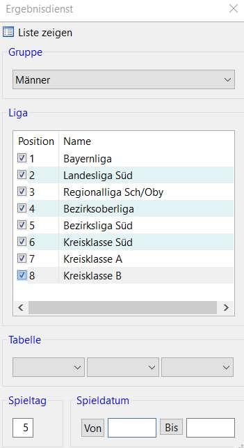 der Tabelle auswählen sondern nur einen Spieltag oder einen Datumszeitraum eingeben, dann erhält man eine Liste mit allen Ergebnissen eines Spieltages über alle ausgewählten Ligen und Klassen