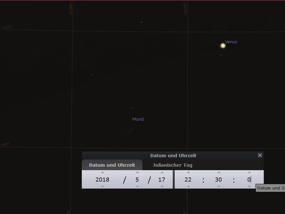 Mond bei Mars am 6. Mai 2018 morgens um 5 Uhr. Mond bei Jupiter am 27.