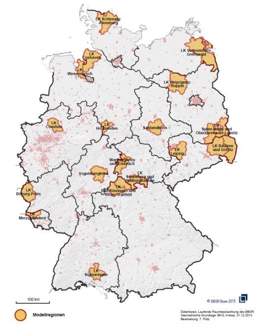 Hintergrund Modellvorhaben Langfristige Sicherung von Versorgung und Mobilität in ländlichen Räumen 18 Modellregionen, 22 Landkreise (BMVI) Strategisches