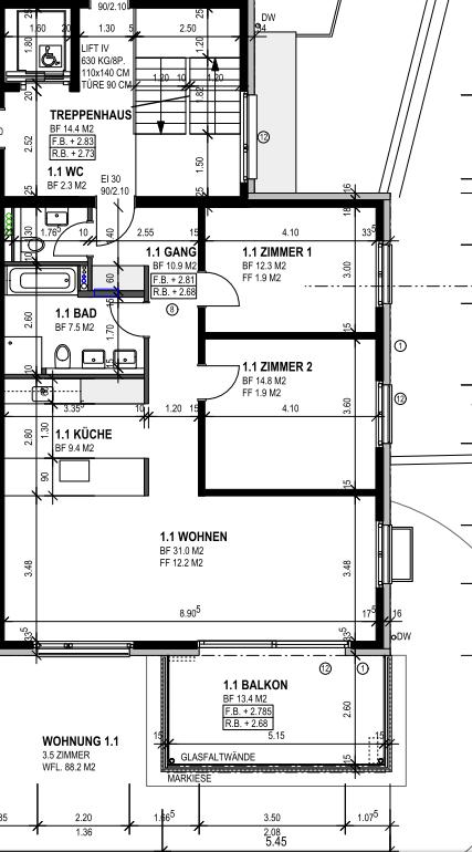 GRUNDRISSE / MIETZINSEN Wohnungstyp 1 / 3,5 Zimmerwohnungen (88 m2) Mietzinsen: EG mit Garten: CHF