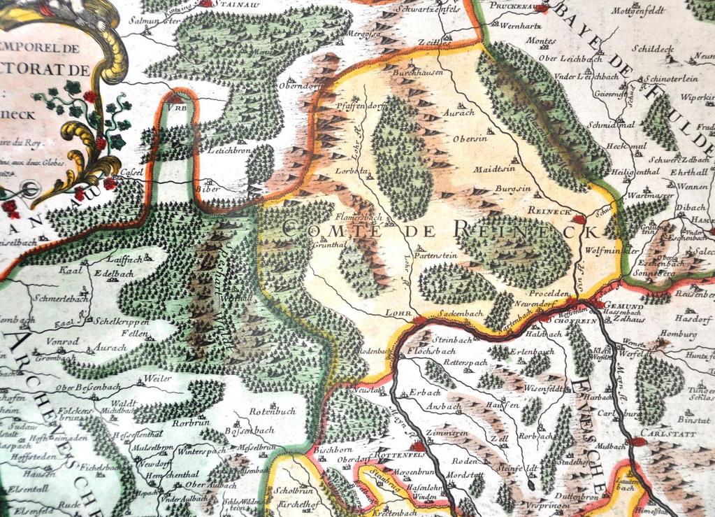 18. Jahrhundert Karte ehem. Grafschaft Rieneck - kolorierter Kupferstich aus Frankreich 1694 1788 1.