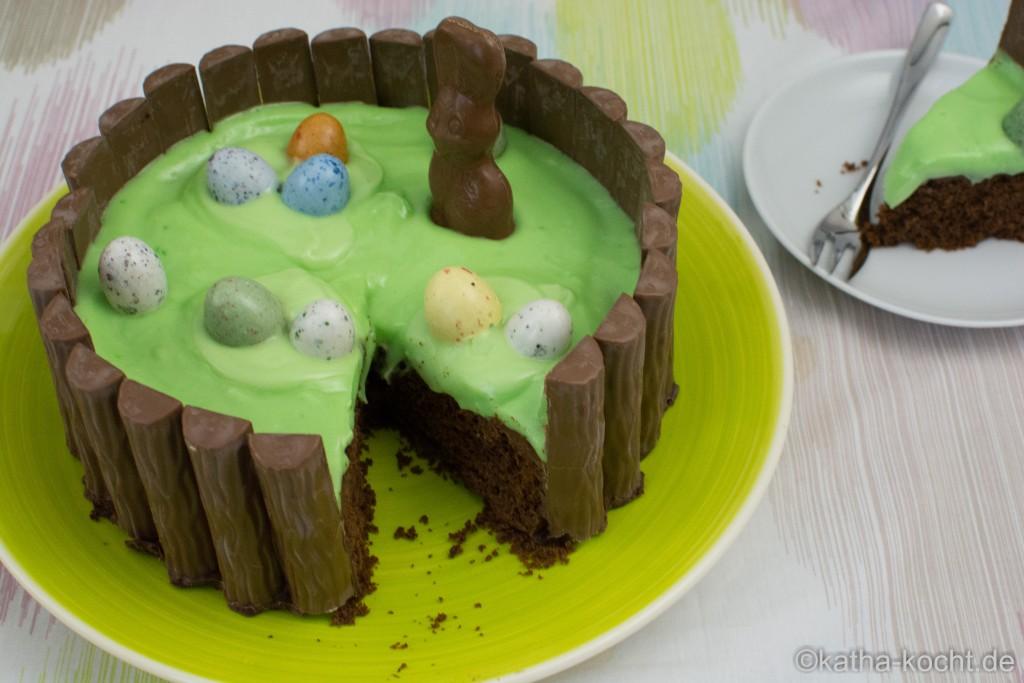 umzusetzen. Mein Kuchen sollte einen Joghurette-Zaun bekommen, in der Mitte sollte es eine kleine Wiese geben, mit einem Osterhasen und ein paar Eiern.