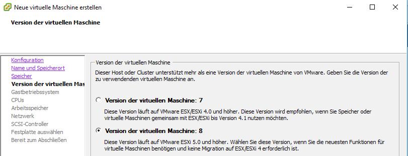 Da die Installation, wie zuvor erwähnt, auf einem ESXi 5.0 erfolgt, wählen Sie als Version der virtuellen Maschine die Version 8. Bei dem vorinstallierten System handelt es sich um ein Ubuntu 16.