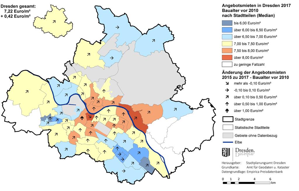 Räumliche Differenzierung der Mietpreisentwicklung Da Wohnungsneubauten einen sehr großen Einfluss auf die Angebotsmieten haben, wird nachfolgend die Mietpreisentwicklung in den Dresdner Stadtteilen