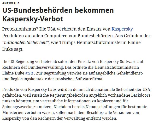 Kaspersky-Verbot für alle US- Bundesbehörden Quelle Text: https://www.golem.