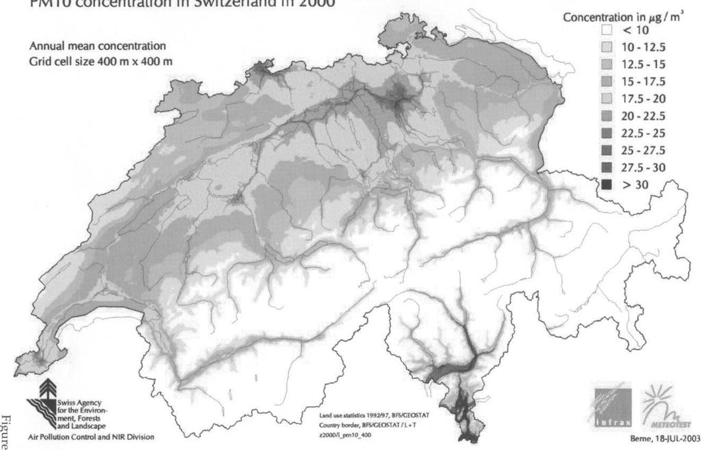 4 Abbildung 1: PM10-Konzentrationen in der Schweiz im Jahr 2000 (Quelle BUWAL) Eine übermässige Belastung der Bevölkerung mit PM10 führt unter anderem zu einer Zunahme von Atemwegs- und