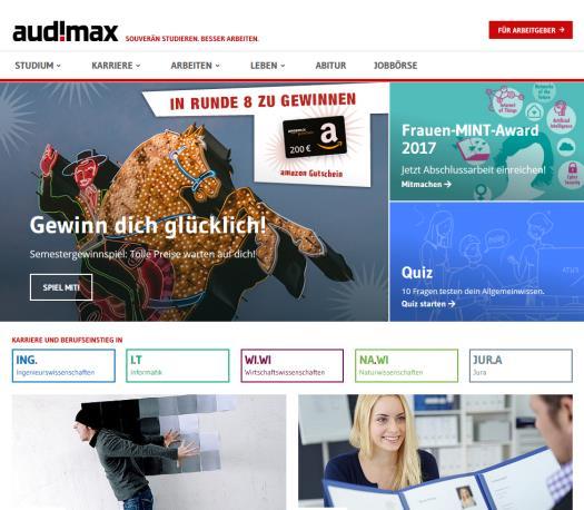 Fact Sheet Audimax audimax.de audimax.de ist Spezialist für Print- und Onlinekommunikation in der Zielgruppe Kerndaten Studierende, Absolventen und Abiturienten.