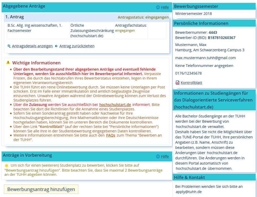 ENDE Sie haben sich hiermit offiziell um einen Studiengang an der TUHH beworben.