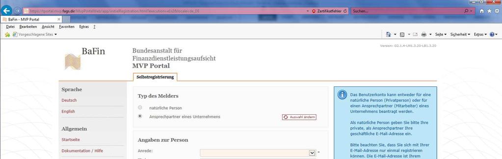 1. Selbstregistrierung am MVP Portal Zum MVP Portal gelangen Sie über die BaFin-Webseite: http://www.bafin.