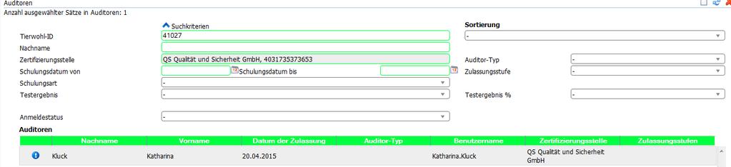 3.2.2 Menüpunkt Auditoren Menüpunkt Auditoren Hier können Sie Ihre Stammdaten sehen. Zertifizierungsstelle Durch Klick auf Export können Sie den Datensatz als Excel-Datei exportieren.