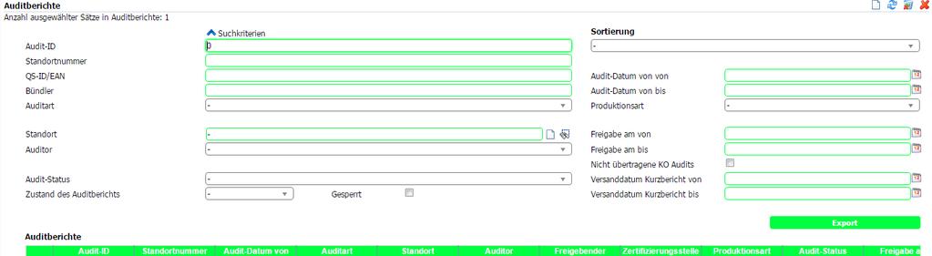 Reiter eingegebene Berichte Hier können Sie Ihre eingegebenen Audit-Berichte sehen und durch Klick auf Excel-Datei exportieren.