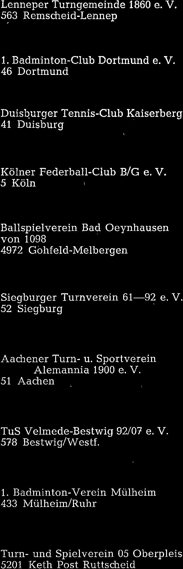 Sportverein lemannia 1900 e. V. 51 achen Vaalser Str. 110 rl. omoth 68 Turn- und Spielverein 04 Rheinhausen e. V. 414 Rheinhausen ochemmericher Straße 69 err agemeister 4t) TUS Velmede-estwig 92/07 e.