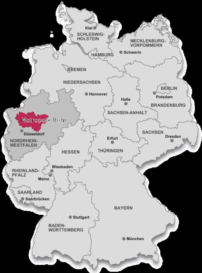 METROPOLE RUHR - LAGE IN DEUTSCHLAND Größter Ballungsraum in Deutschland Ein Drittel der Landesbevölkerung NRWs