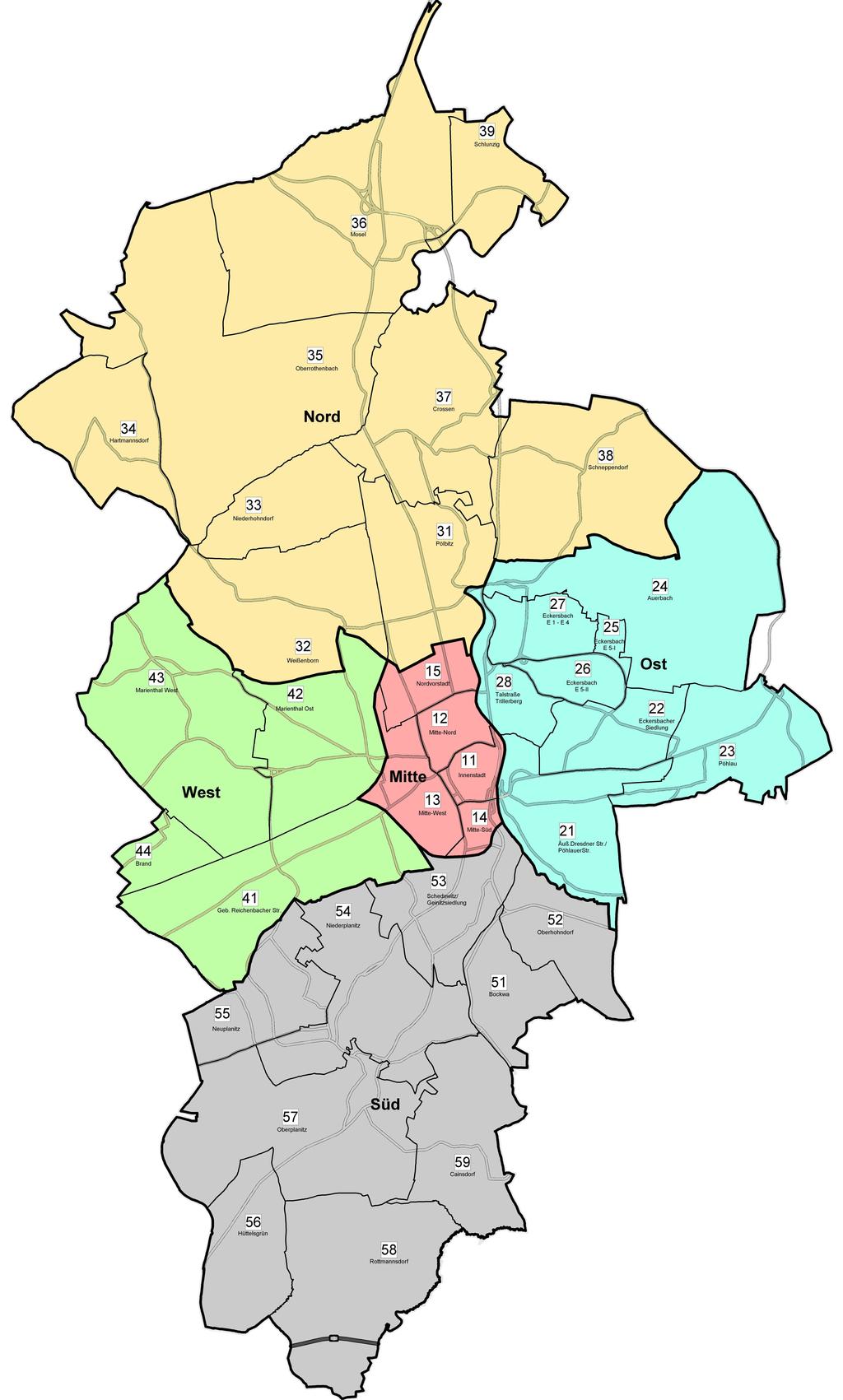 Übersicht über die Stadtteile der Stadt Zwickau Kartengrundlage: Amtlicher