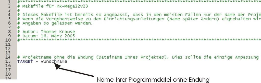 Abbildung 2: Teil des Makefiles, in dem der Dateiname eingetragen wird Um dem Compiler alle Funktionen bekannt zu machen muß nur