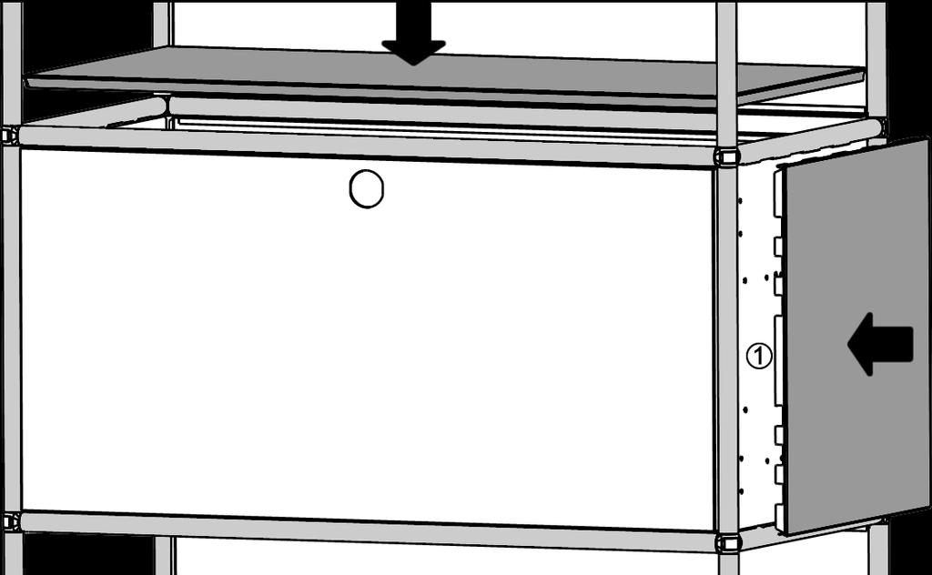Restliche Seiten und Böden montieren Hinweis: Beginnen Sie mit dem untersten Fach. Seitenbleche einsetzen: Drücken Sie die Seitenbleche in den Rohr-Rahmen.