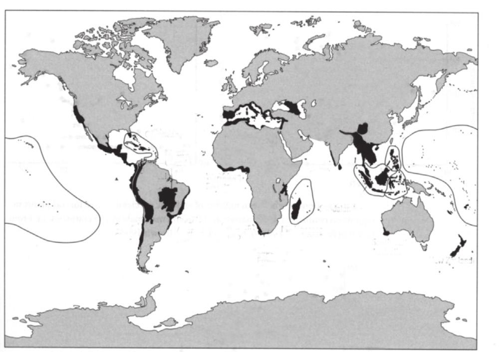 BAUHINIA 27 / 2018 J. Stöcklin 1 22 Abb. 5: Die weltweit 25 artenreichsten Biodiver sitäts-hotspots mit hohem Endemis mus (nach Myers et al. 2000). In diesen Hotspots (schwarz) kommt auf 1.