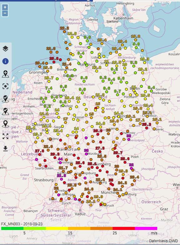 Mess- und Beobachtungsdaten Wind Böen von Orkanstärke traten in Süddeutschland auf einigen Bergen auf, wie auf dem Weinbiet mit 158 km/h, auf dem Feldberg/Schwarzwald mit 141 km/h, aber auch in