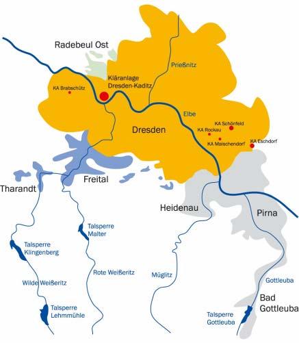 Einzugsgebiete der Dresdner Kläranlagen Radebeul Ost Stadtgebiet Dresden Freital/Tharandt Umlandgemeinden Dohna, Kreischa,