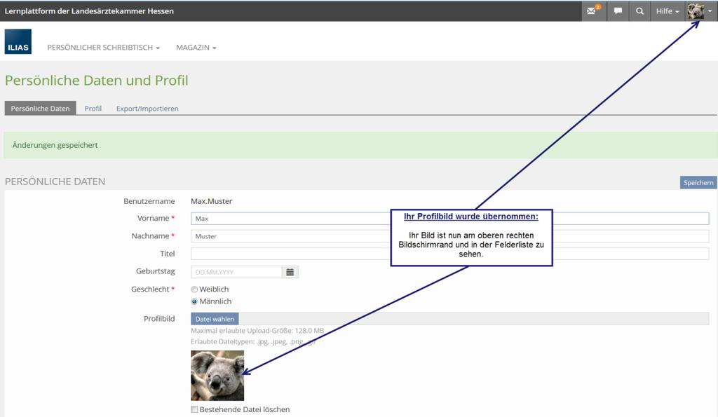 14 Bereitstellung und Verwaltung persönlicher Daten Profilbild Mit Klick auf Speichern werden Ihre Änderungen übernommen