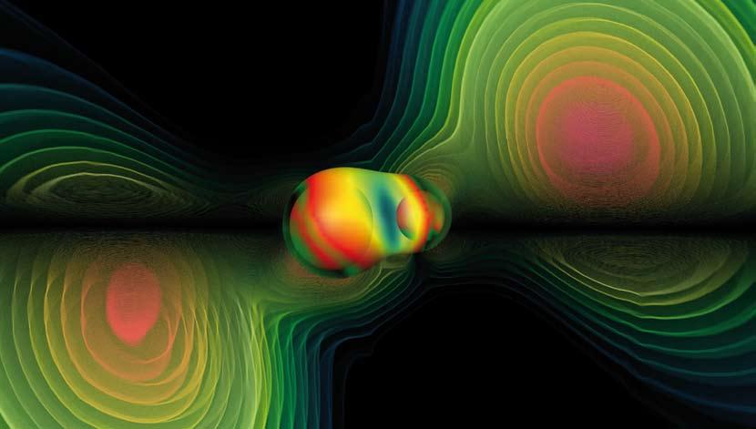 Diese Simulation zeigt Gravitationswellen, die bei der Kollision zweier Schwarzer Löcher entstehen.