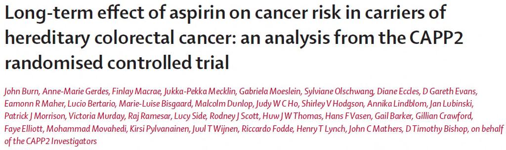600mg aspirin/tag für 2 Jahre verringert die Anzahl an Krebserkrankungen bei Lynch-Syndrom