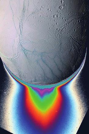 Nasa/JPL/SSI Abb. 7: Die Geysire am Südpol von Enceladus sind hier in einer Falschfarbendarstellung mit einem einmontierten Foto des Mondes zu sehen.