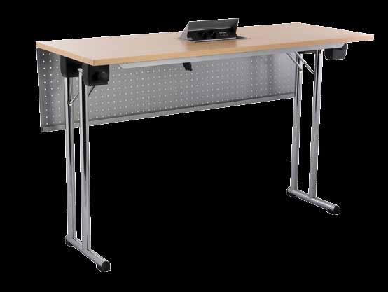 Sie dienen gleichzeitig als Distanzhalter für das Stapeln der Tische und sind kaum mehr sichtbar. Die Stapelhöhe beträgt dadurch nur noch 7 cm.
