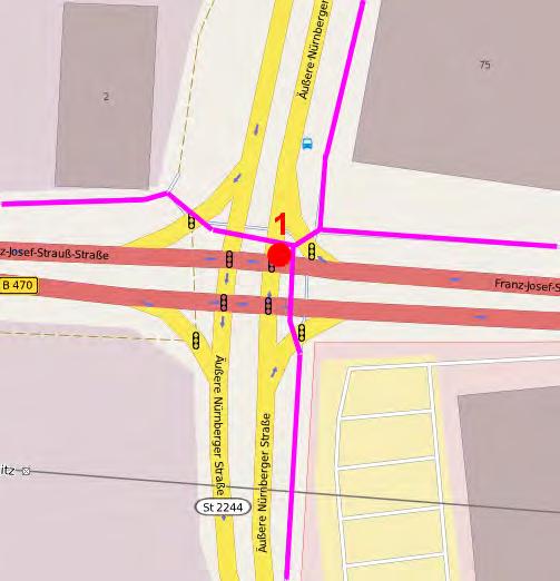 4.2.4 Knoten 19 Knotenplan Radroutenverlauf 1: Mehrere existierende Ampel- und Schilderpfosten für Pfeilwegweiser Beschilderung: Richtung Fernziel Nahziel Schild vorhanden Einhänger Norden FO-Centrum