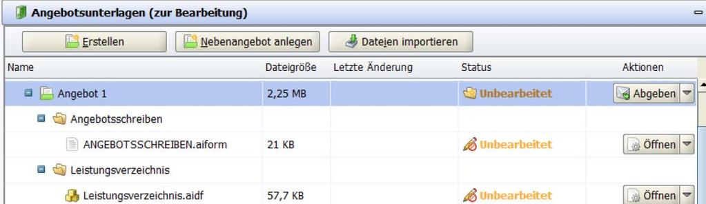 3.4 Unterlagen (zur Bearbeitung) In der Kategorie Angebotsunterlagen (zur Bearbeitung) können Sie die Vergabeunterlagen für Ihre Angebotsabgabe bearbeiten.