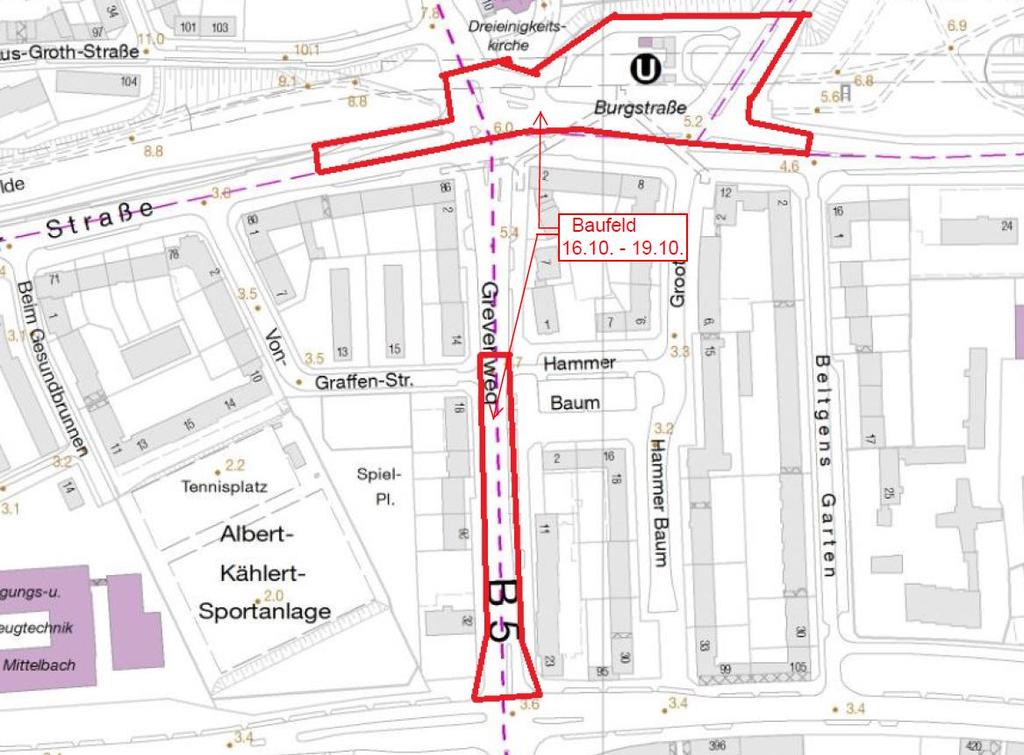 Am Wochenende vom 16.10. bis 19.10.2015 erfolgt eine Sperrung des nördlichen Abschnittes der beiden Kreuzungen sowie des Grevenweg von Von-Graffen-Straße bis Eiffestraße.