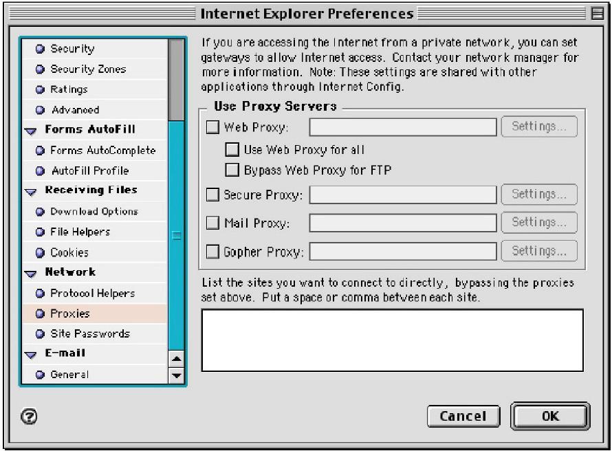 2. Proxies wählen, alle Kästchen löschen und OK klicken. Netscape 1. Netscape öffnen, auf Stop klicken, Edit und dann Preferences klicken. 2.