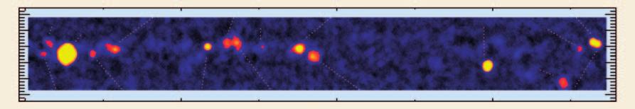 Wie Perlen auf einer Schnur zeigt die Karte eine Vielzahl von Gammaquellen jede ein kosmischer Teilchenbeschleuniger, die sich entlang des galaktischen Äquators aufreihen. Während vor den H.E.S.S.- Beobachtungen in dieser Region nur drei Gammaquellen bekannt waren, existiert nun eine ganze Karte der Galaxis im Hochenergie-Gammalicht.