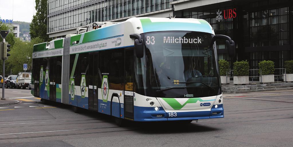 5 Der Swiss Trolley plus ist ein Trolleybus mit 163 Plätzen, der dank einer 60 kwh-batterie Strecken von bis zu zehn Kilometern planmässig ohne Oberleitungen zurücklegen kann.