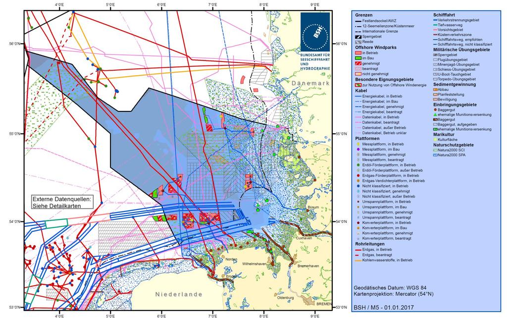 Nordsee: Nutzungen und Schutzgebiete Die abgebildeten Informationen zeigen einen Überblick der dem BSH vorliegenden Daten. Diese sind in großen Teilen nicht aktuell, abschließend oder vollständig.