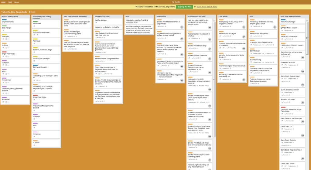 Erfahrungen: Trello https://trello.com/b/vjprnn3y/ticket-to-ride-team-gelb https://trello.