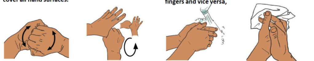 reichlich Wasser und Seife nass machen, sodass alle Handflächen benetzt sind. Hände ineinander so verschränken, dass die Rückseite der Finger jeweils in der Handinnenfläche der anderen Hand liegt.