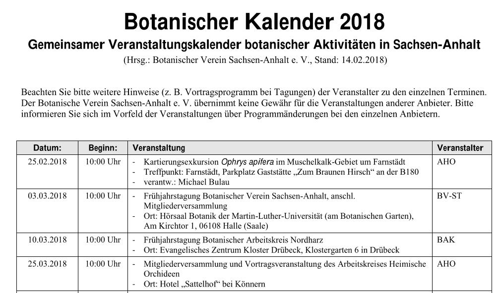 Sonstiges Botanischer Kalender seit 2016 Zusammenfassung aller botanischer Aktivitäten in Sachsen-Anhalt 2018: 27