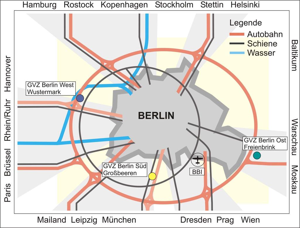 Übersicht KV-Terminals Für den Containerumschlag sind leistungsfähige Einrichtungen in der Region vorhanden. City-GVZ Westhafen Eine wichtige Rolle spielen die GVZ im Berliner Ballungsraum.