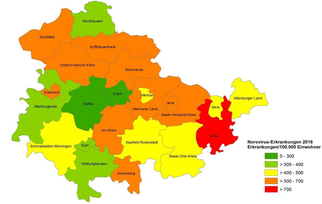 weiteren Städten und Landkreisen Thüringens bewegten sich die Inzidenzen zwischen 269 und 663 Erkrankungen/100.000 Einwohner (Abbildung 15).